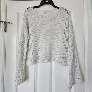 Lauren Conrad LC M white sweater crop, crochet, bell sleeve